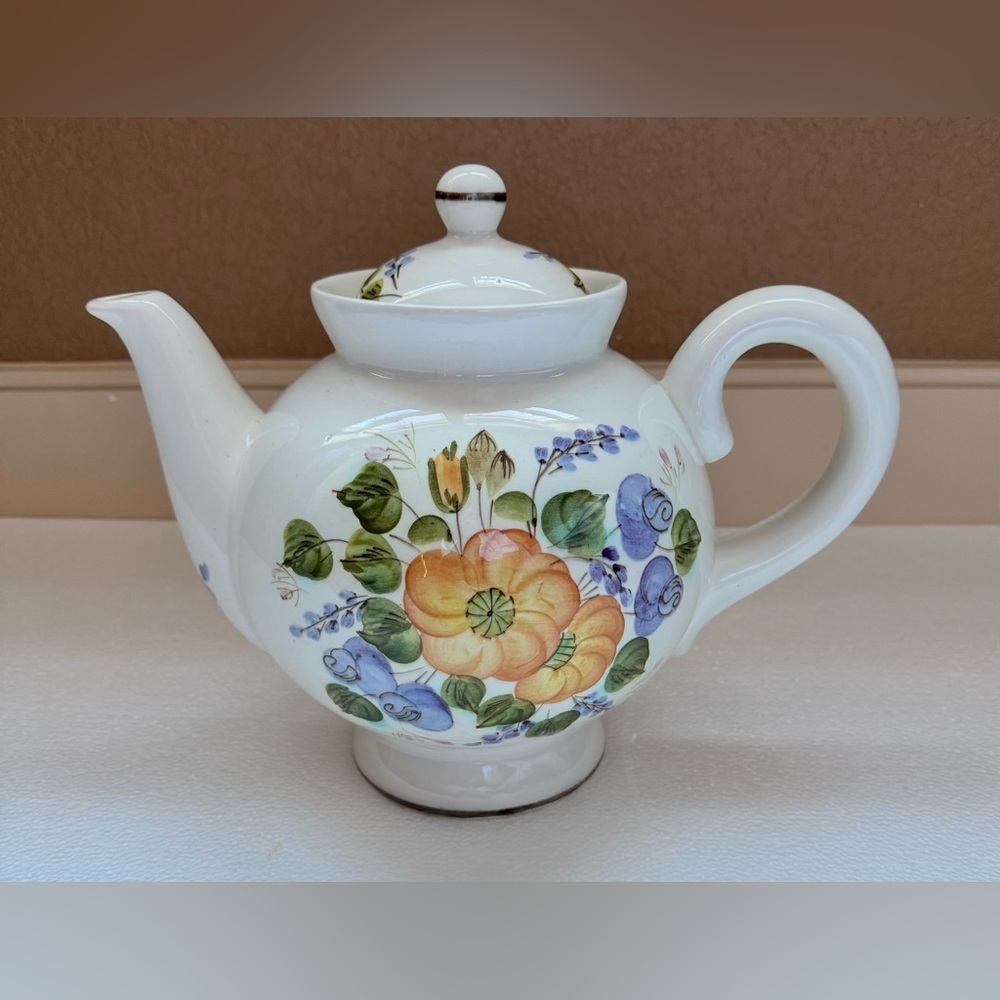 Vintage Floral Ceramic Teapot - White with Multicolor Design